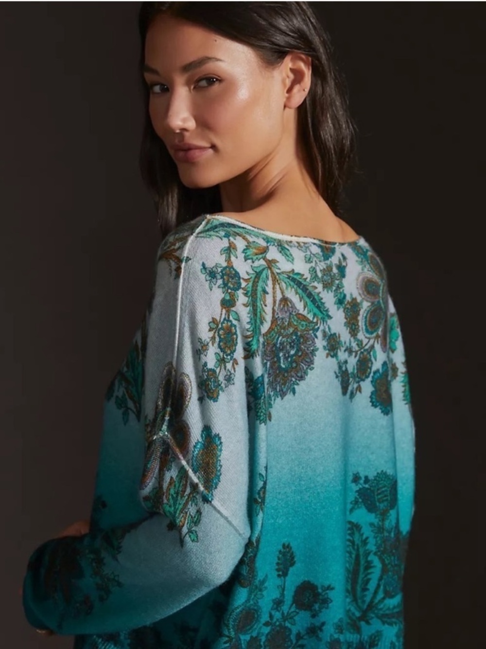 Pilcro Cashmere Teal Gradient Floral Long Sleeve Top - Picture 2 of 13